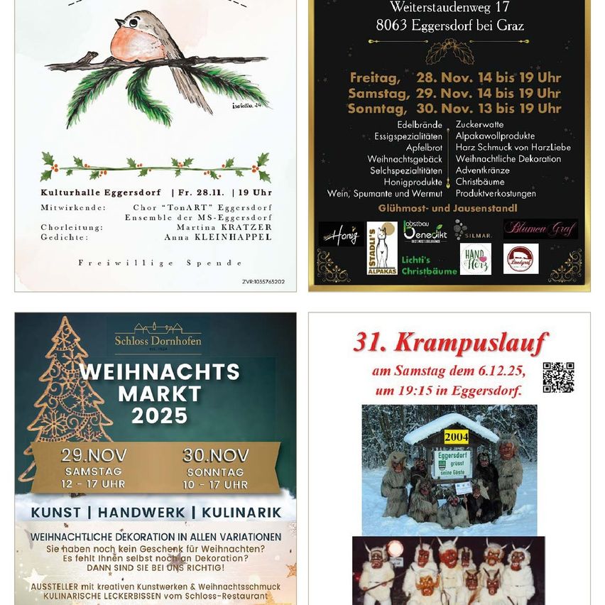 Ein Bild mit einem Vogel auf einem Ast und Weihnachtsdekoration. Auf der rechten Seite befindet sich ein Plakat mit einem Zeitplan für Veranstaltungen vom 28. bis 30. November, einschließlich verschiedener Aktivitäten und Produkte. Ein weiteres Plakat bewirbt einen Weihnachtsmarkt am 29. und 30. November 2025 mit Kunst, Handwerk und kulinarischen Artikeln. Ein Bild zeigt Menschen in Krampus-Kostümen.