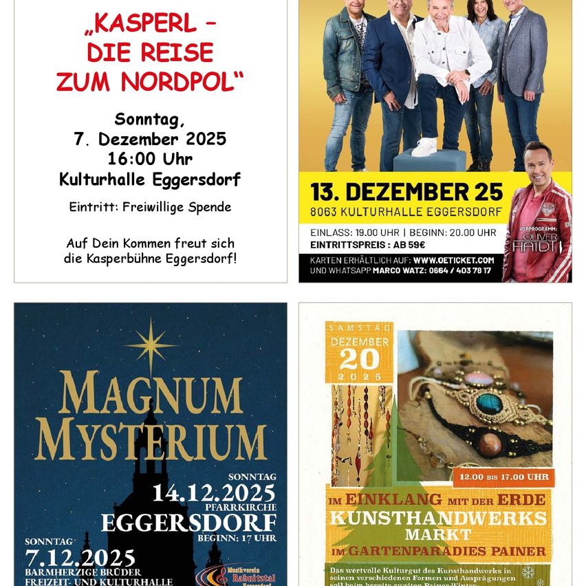 Zwei Poster für Veranstaltungen in Eggersdorff. Erstens, ein Plakat für 'Kasperl - Die Reise zum Nordpol' am 7. Dezember 2025 um 16:00. Zweitens, ein Plakat für 'Magnum Mysterium' am 14. Dezember 2025 um 17:00.