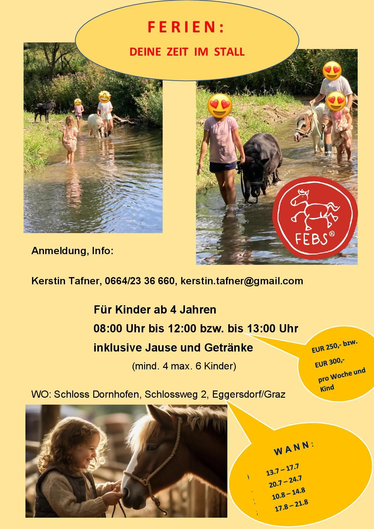 Werbung für ein Reitevent für Kinder ab 4 Jahren. Zeiten von 8:00 Uhr bis 12:00 Uhr bzw. 13:00 Uhr. Inklusive Snacks und Getränke. Mindestens 4 Kinder, maximal 6. Kontakt: Kerstin Tafner, 0664/23 36 660. Ort: Schloss Dornhofen, Schlossweg 2, Eggersdorf/Graz.