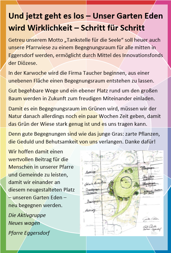 Das Bild bewirbt die Umgestaltung einer Farm in einen Begegnungsraum in Eggersdorf, finanziert durch den Innovationsfonds der Diözese. Das Projekt zielt darauf ab, einen einladenden Raum mit zugänglichen Wegen und einem großen Baum zu schaffen. Es betont die Bedeutung, der Natur Zeit zu geben, um einen starken Grasbewuchs zu entwickeln.