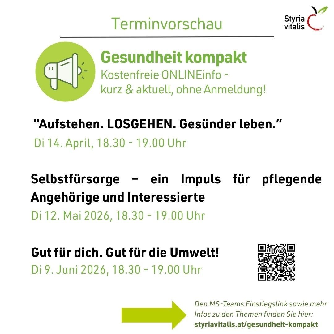 Plakat über Gesundheitskompakt Online-Info mit Daten und Zeiten für drei verschiedene Veranstaltungen. Die erste am 14. April, die zweite am 12. Mai und die dritte am 9. Juni. QR-Code enthalten.