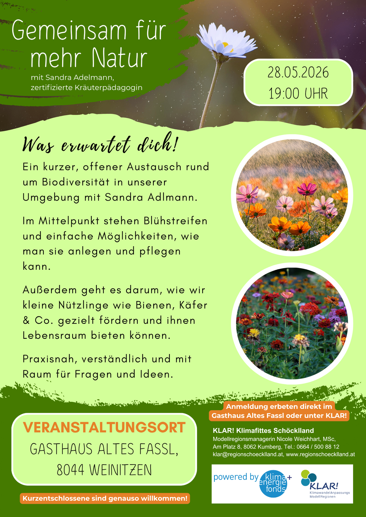 Ein kurzer, offener Austausch rund um Biodiversität in unserer Umgebung mit Sandra Adelmann. Im Mittelpunkt stehen Blütenstreifen und einfache Möglichkeiten, wie man sie anlegen und pflegen kann. Außerdem geht es darum, wie wir kleine Nützlinge wie Bienen, Käfer & Co. gezielt fördern und ihnen Lebensraum bieten können. Praxisnah, verständlich und mit Raum für Fragen und Ideen.