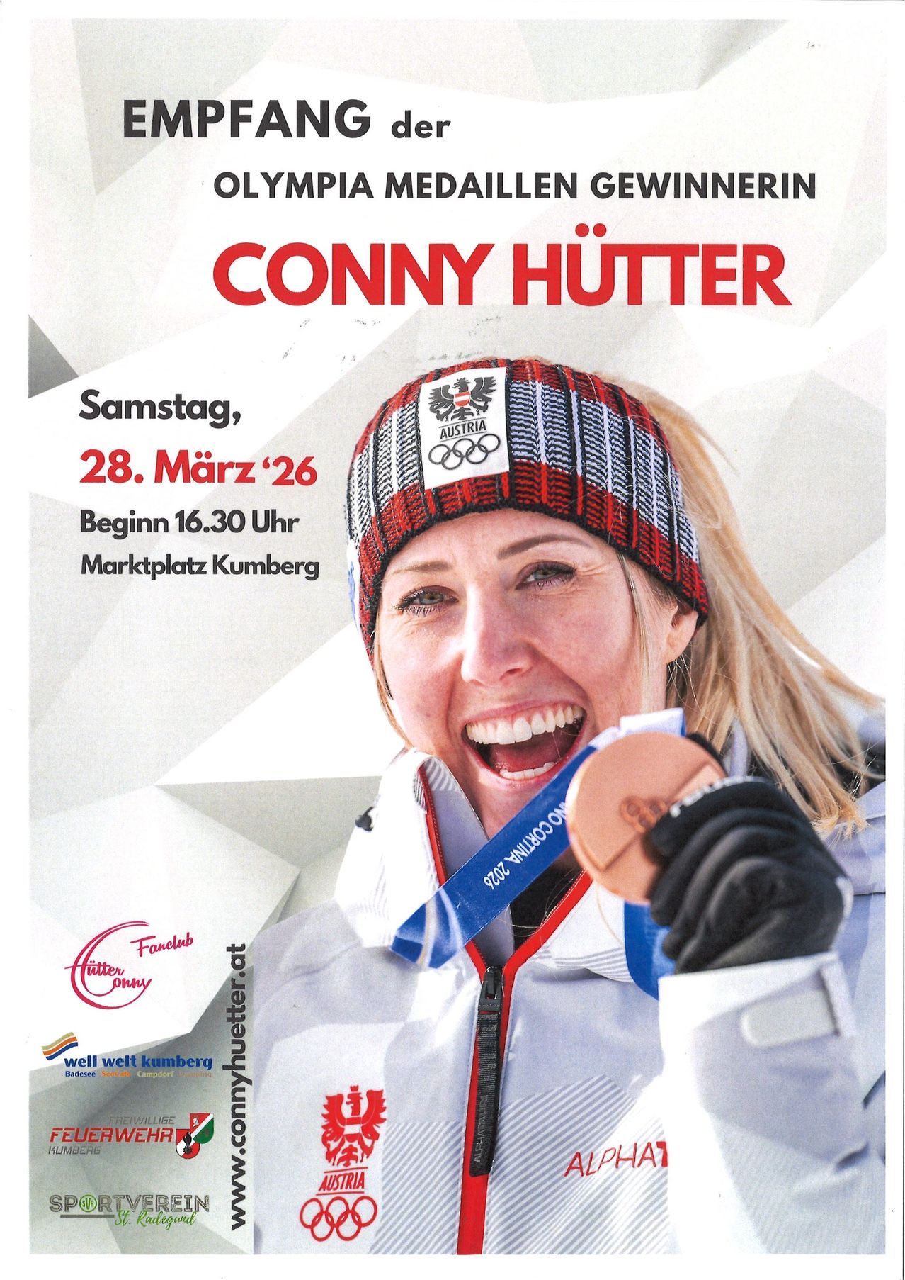 Ein Werbeplakat für Olympia-Medaillengewinnerin Conny Hutter. Sie lächelt und hält eine Medaille. Die Veranstaltung findet am Samstag, den 28. März 2026, um 16:30 Uhr am Marktplatz Kummerg statt.