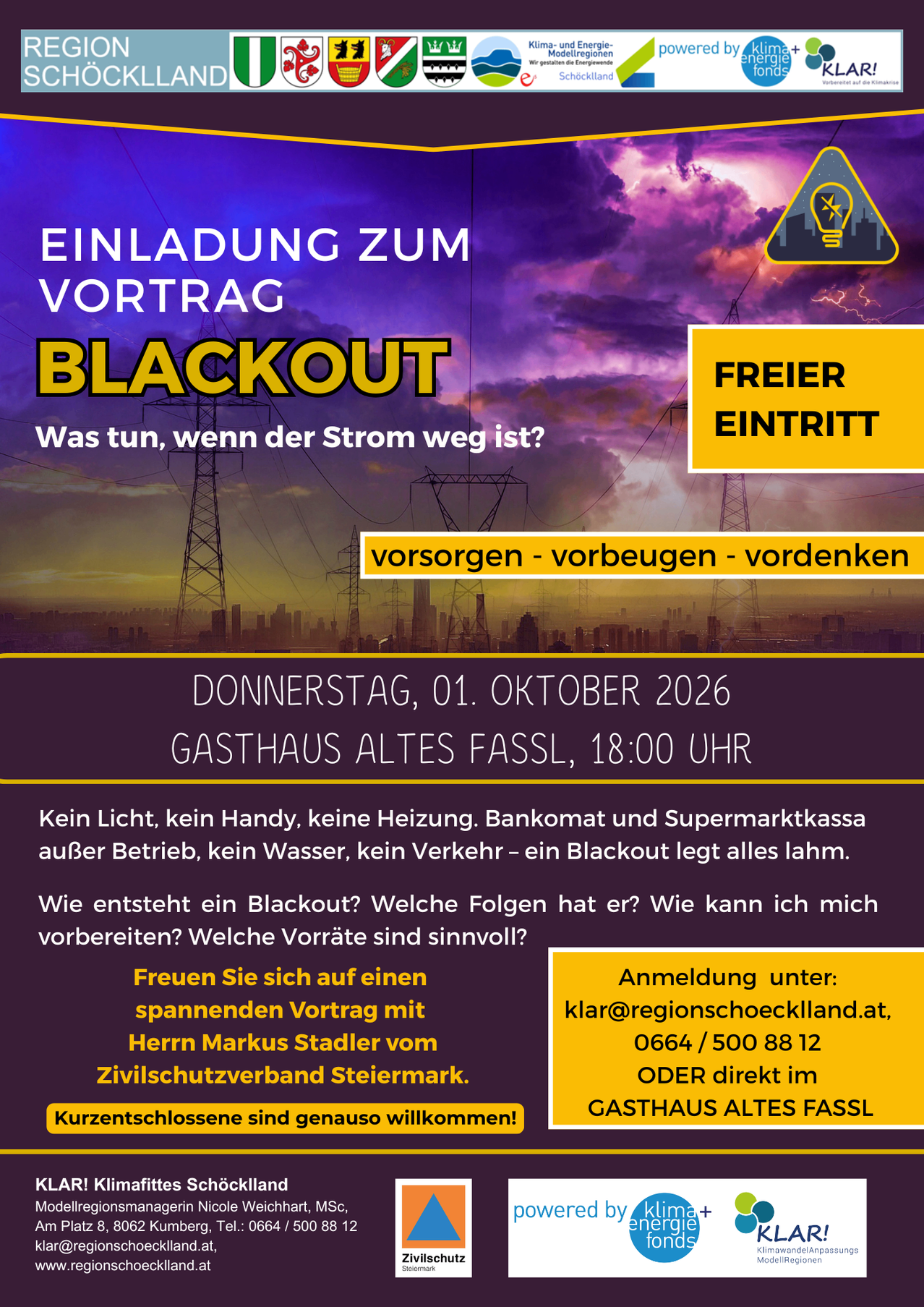 Plakat für einen Vortrag zur Blackout-Vorbereitung am 1. Oktober 2026 im Gasthaus Altes Fass. Das Plakat zeigt einen stürmischen Himmel und Stromleitungen, die das Thema Blackout hervorheben. Es enthält eine Kontakt-E-Mail und Telefonnummer für die Anmeldung.
