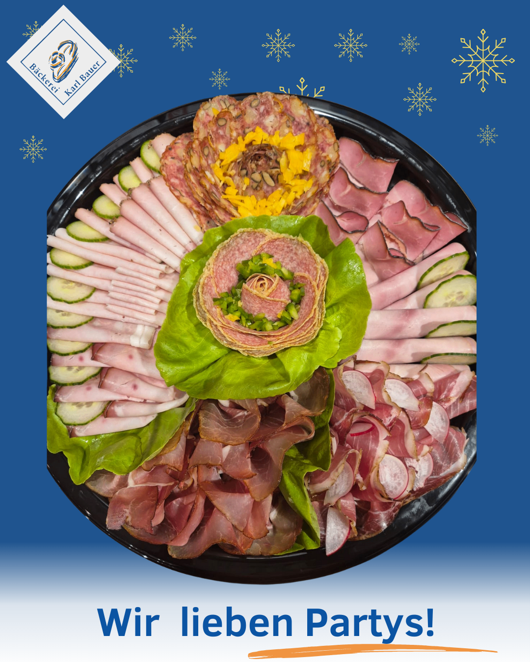 Eine Platte mit verschiedenen Fleischsorten, darunter geschnittener Schinken, Salami, Prosciutto und Käse, mit Gurken und Salat dekorativ arrangiert.