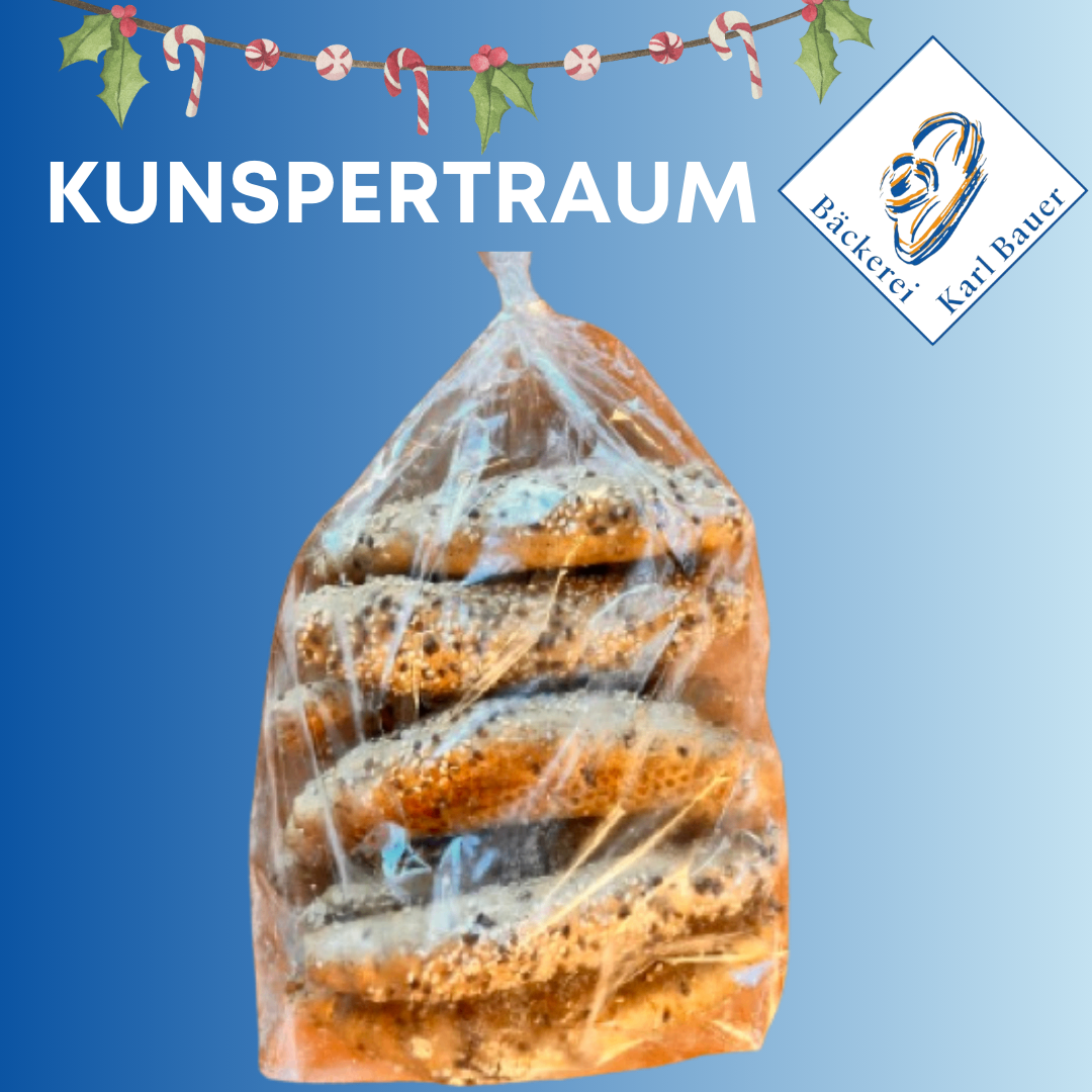 Auf einem blauen Hintergrund steht der Text 'KUNSPERTRAUM' und ein Logo für 'Backerei Karl Bauer'. Darunter befindet sich ein durchsichtiger Beutel mit mehreren Brezen, die mit Sesam bestreut sind.