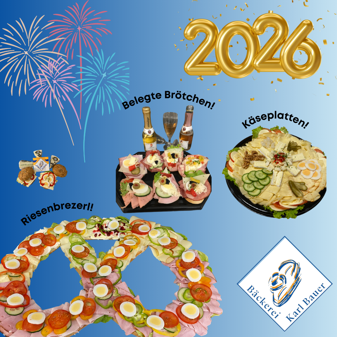 Eine bunte Neujahrs-Werbung für 2026 mit einem blauen Hintergrund, Feuerwerk, Käseplatten, Sandwiches und Eiern in dekorativen Formen, begleitet von Weinflaschen und dem Markenlogo.