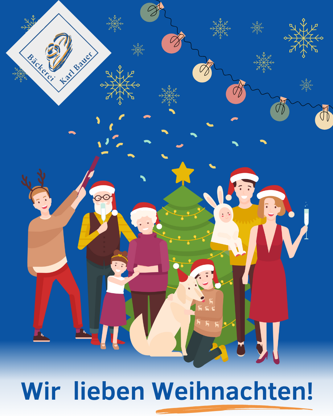 Eine Familie mit Kindern, Großeltern und einem Hund feiert Weihnachten um einen geschmückten Baum herum, wobei einige Mitglieder Weihnachtsmützen tragen und andere Gläser halten. Schneeflocken und Dekorationen schmücken den Hintergrund.