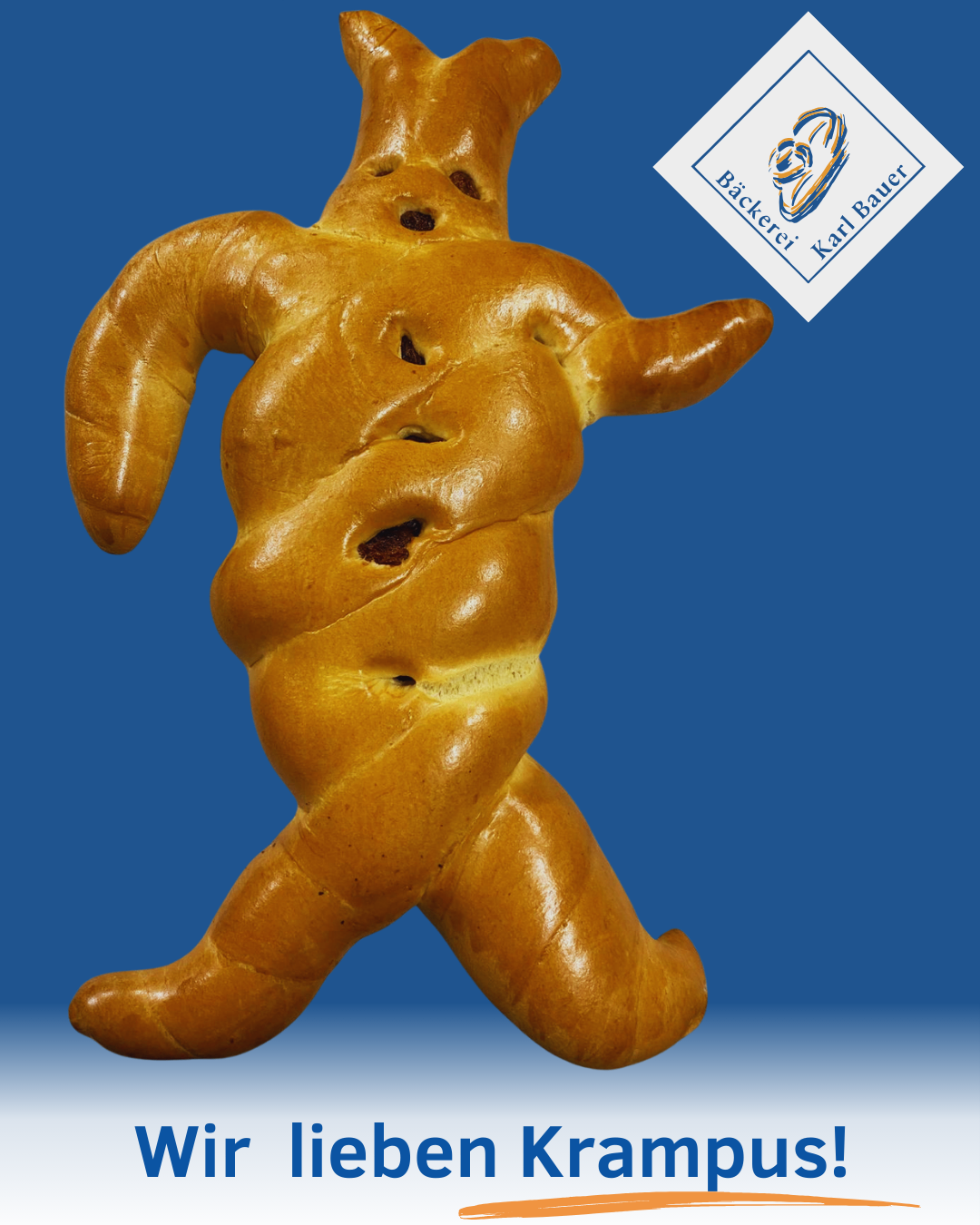 Eine goldbraune, menschlich geformte Brotskulptur auf blauem Hintergrund. Sie weist detaillierte Texturen und Löcher auf und ähnelt einer gehenden Figur.