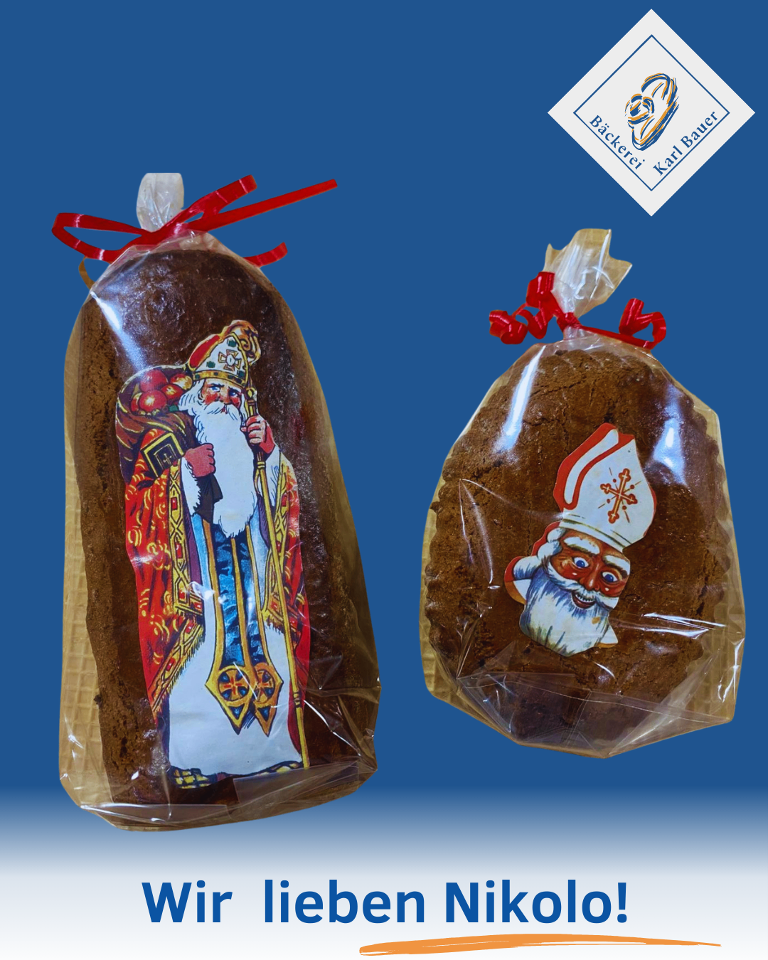 Zwei Lebkuchen sind in Plastik mit roten Bändern verpackt. Der Lebkuchen auf der linken Seite zeigt den Heiligen Nikolaus. Der Lebkuchen auf der rechten Seite hat ein Bild eines lächelnden Weihnachtsmanns.
