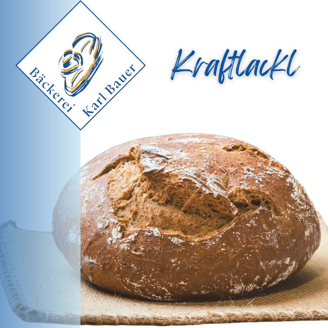 Ein ganzes braunes Brot mit einer gerissenen Kruste und einem Logo von Karl Bauer auf der linken Seite.