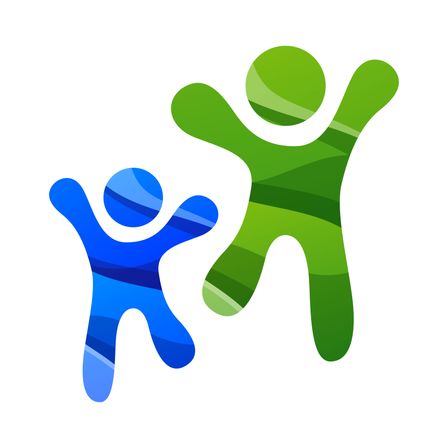 Zwei abstrakte Figuren, eine grün und eine blau, stehen in umarmender Haltung. Die grüne Figur hat die Arme ausgestreckt, während die blaue Figur die Arme gefaltet hat.