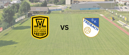 Eine Luftaufnahme eines Fußballfeldes mit zwei Team-Logos. Das linke Logo gehört zum Sportsverein Bad St. Leonhard Team, und das rechte Logo gehört zum SK Treibach Team.