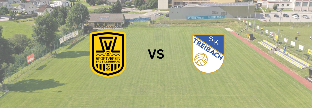 Eine Luftaufnahme eines Fußballfeldes mit zwei Team-Logos. Das linke Logo gehört zum Sportsverein Bad St. Leonhard Team, und das rechte Logo gehört zum SK Treibach Team.