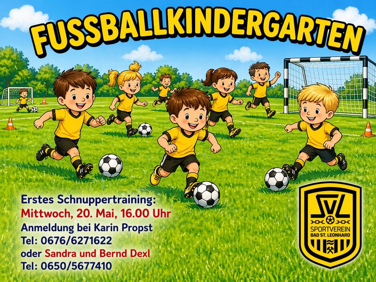 Karikatur von kleinen Kindern, die auf einem Feld Fußball spielen, mit einem Tor. Schild steht 'Fußballkindergarten'. Kontaktdaten sind angegeben.
