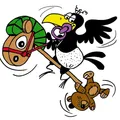 Eine Cartoon-Abbildung zeigt einen Vogel, der auf einem Pferd reitet und einen Stock im Schnabel hält. Das Pferd trägt einen grünen Hut. Unten fällt ein Bär vom Stock ab.