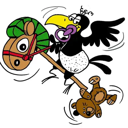 Eine Cartoon-Abbildung zeigt einen Vogel, der auf einem Pferd reitet und einen Stock im Schnabel hält. Das Pferd trägt einen grünen Hut. Unten fällt ein Bär vom Stock ab.