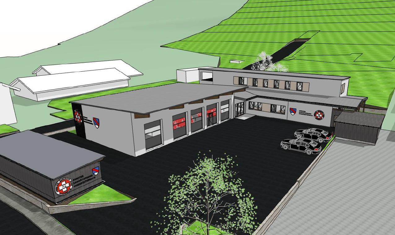 An architectural rendering shows a large facility with several garages and parking spaces, surrounded by green fields and hills. Two cars are parked in front.