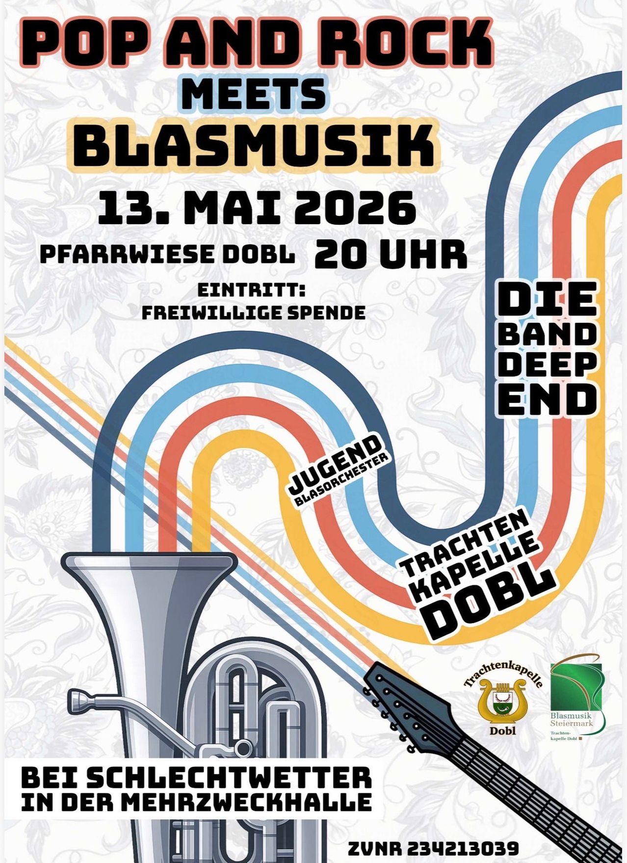 Poster for Blasmusik event on May 13, 2026. Features bands Deep End and Jugend Blasorchester. Location: Pfarrwiese Dobl, 8 PM. Entry: voluntary donation.