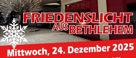 Plakat für das Friedenslicht aus Bethlehem-Ereignis am Mittwoch, 24. Dezember 2025, von 08:00 Uhr bis 12:00 Uhr, bei der Freiwilligen Feuerwehr in Feistritz/Drau. Es zeigt einen schneebedeckten Baum, einen Weihnachtsbaum und Schneeflocken.