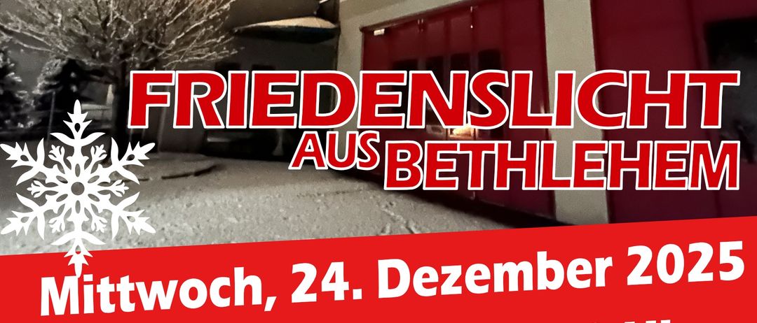 Plakat für das Friedenslicht aus Bethlehem-Ereignis am Mittwoch, 24. Dezember 2025, von 08:00 Uhr bis 12:00 Uhr, bei der Freiwilligen Feuerwehr in Feistritz/Drau. Es zeigt einen schneebedeckten Baum, einen Weihnachtsbaum und Schneeflocken.