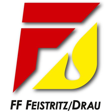 Das Logo für FF Feistritz/Drau ist auf einem weißen Hintergrund dargestellt. Es zeigt ein stilisiertes 'F' mit zwei roten Dreiecken oben, einer gelben tropfenförmigen Form und dem Namen Feistritz/Drau in schwarz.