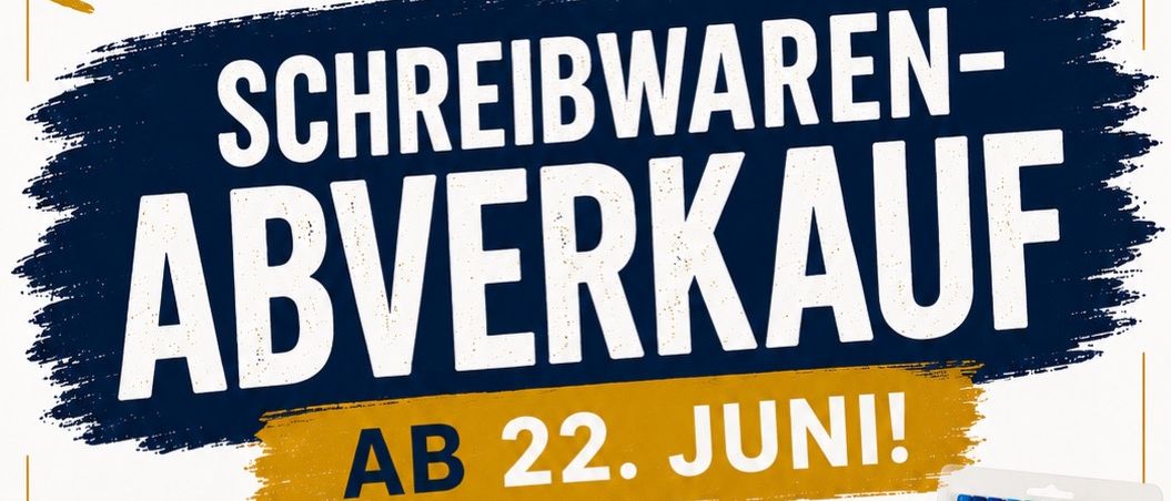 Plakat für einen Verkauf in einem Geschäft. Produkte umfassen Schreibwaren, Kleber und Scheren. Rabatt bis zu 50%. Verkauf beginnt am 22. Juni.
