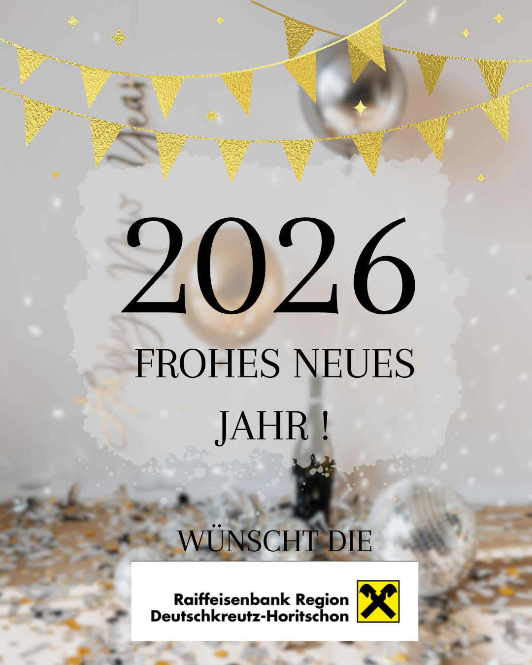 Eine Werbung für das neue Jahr 2026. Es steht 'Frohes Neues Jahr' und beinhaltet ein dekoratives Element aus goldenen Konfetti. Der Hintergrund ist weiß mit einer Silberglitter-Prägung.