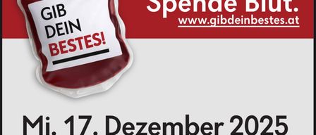 Plakat zur Blutspende mit einem Blutbeutel, 'Spende Blut' in großen Buchstaben und einer Website. Veranstaltungsdatum: 17. Dezember 2025, bei der Feuerwehr Sulz.