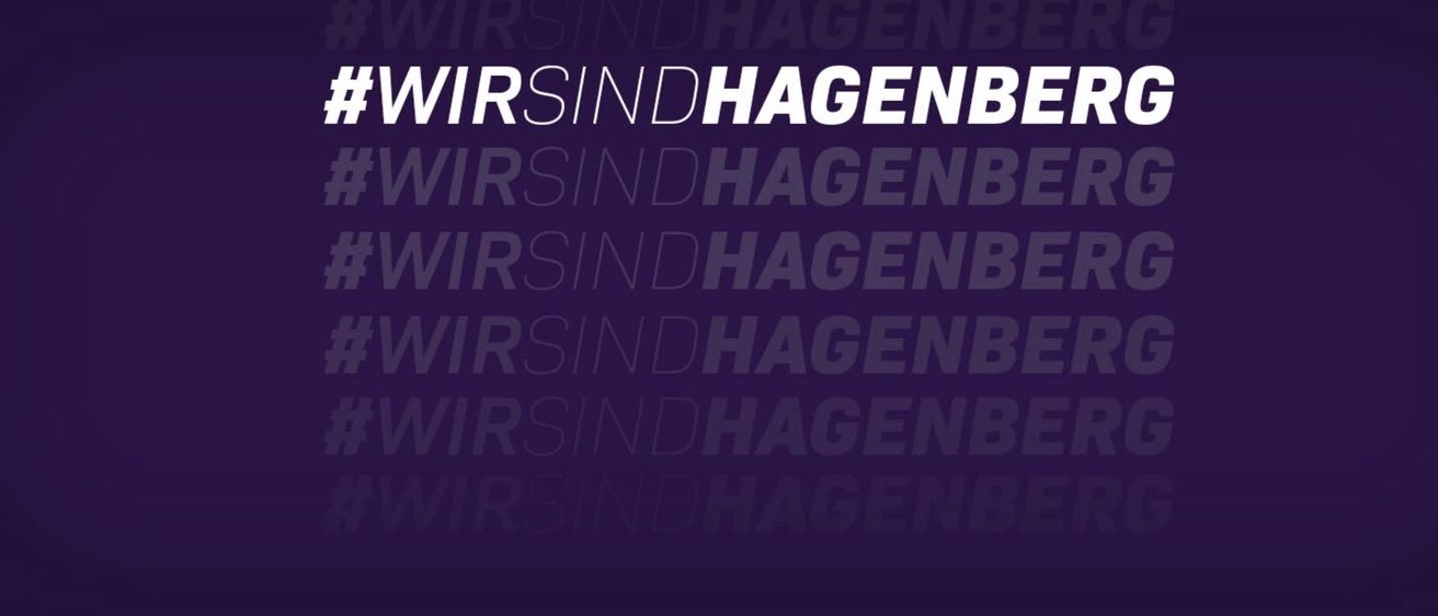 Das Wort 'WirsindHagenbe' wird wiederholt auf einem lila Hintergrund angezeigt. Der Text ist in Weiß und verschiedenen Grautönen gestaltet.