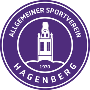 Das Logo des Allgemeinen Sportvereins Hagenberg mit einem Turm und dem Jahr 1970 auf schwarzem Hintergrund.