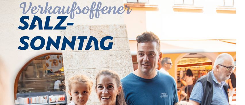 Plakat für einen Verkaufsoffenen Sonntag in Berchtesgaden am 3. August 2025 von 10 bis 16 Uhr. Die Veranstaltung umfasst einen Marktplatz, Salzsiebe am Triembach-Wasserfall, Spiel und Spaß für Kinder, offene Geschäfte und Live-Musik.