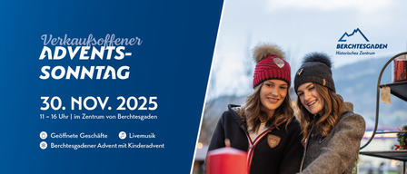 An advertisement for a winter event in November 2025 at the Berchtesgaden Center. It features two smiling women wearing winter hats, with one holding a red candle. The background is snowy.