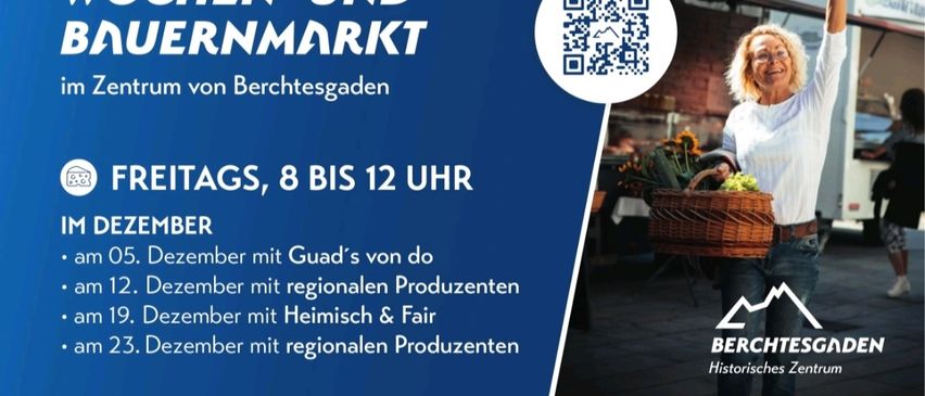 Plakat für einen Bauernmarkt in Berchtesgaden. Geöffnet von 8 bis 12 Uhr, mit einer Frau, die einen Korb mit Gemüse trägt und einem QR-Code für weitere Informationen.