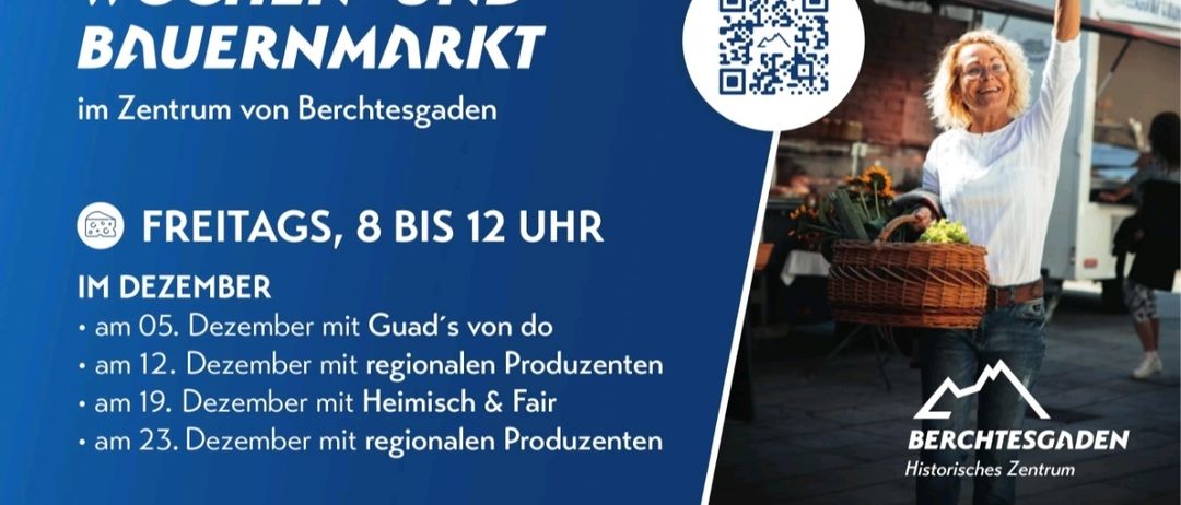 Plakat für einen Bauernmarkt in Berchtesgaden. Geöffnet von 8 bis 12 Uhr, mit einer Frau, die einen Korb mit Gemüse trägt und einem QR-Code für weitere Informationen.