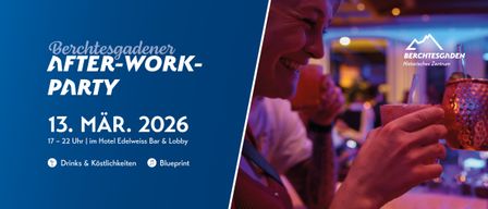 Ein Veranstaltungsposter mit einer lächelnden Frau, die ein Getränk in einem Bar hält, mit blauem Hintergrund und Text, der 'Unter-Work-City, März 2026, Hotel Edelweiss Bar & Lobby, Kostlichkeiten, Blueprint' lautet.