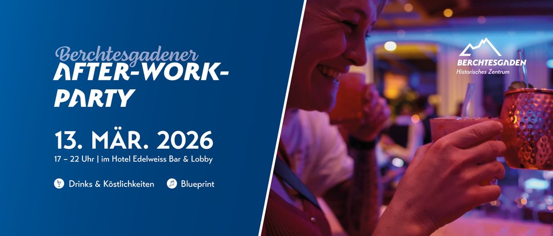 Ein Veranstaltungsposter mit einer lächelnden Frau, die ein Getränk in einem Bar hält, mit blauem Hintergrund und Text, der 'Unter-Work-City, März 2026, Hotel Edelweiss Bar & Lobby, Kostlichkeiten, Blueprint' lautet.