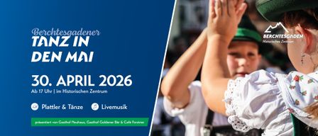 Plakat mit einem Jungen in traditioneller deutscher Kleidung, die Hände klatschen, blauer Hintergrund, Text lautet 'April 2026' und 'Livemusik & Tanze'.