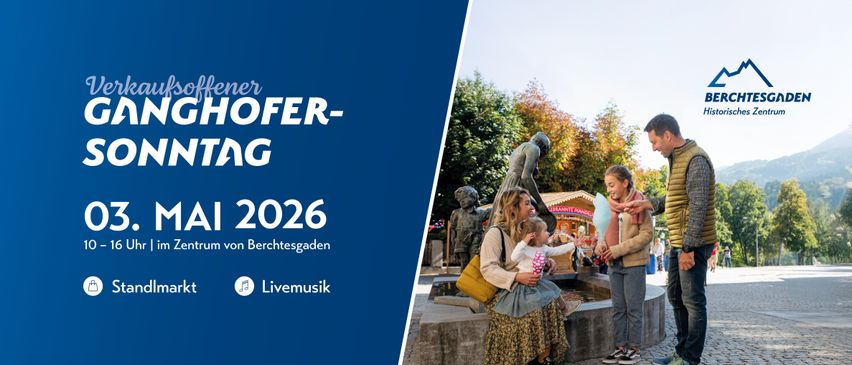 Plakat für eine Familienveranstaltung in Berchtesgaden, mit einer Familie, die einen Brunnen mit einer Statue im Hintergrund genießt. Das Plakat enthält das Datum Mai 2026.