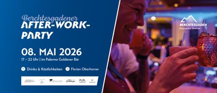 Ein Plakat für die Veranstaltung 'Garten-Work-Party' im Palermo Goldener Bär im Mai 2026. Eine Frau hält ein Getränk und lächelt. Florian Oberhorner und Kostlichkeiten sind die Sponsoren.