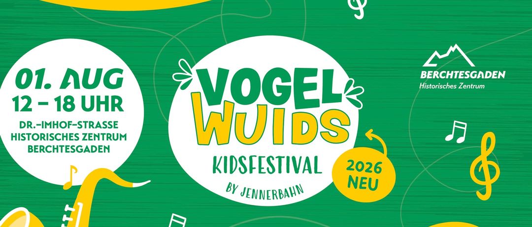 Plakat für das Vogel Wuids Kinderfestival 2026, mit musikalischen Noten, einer Gitarre und einem Klavier. Der Text ist in fetten grünen Buchstaben.