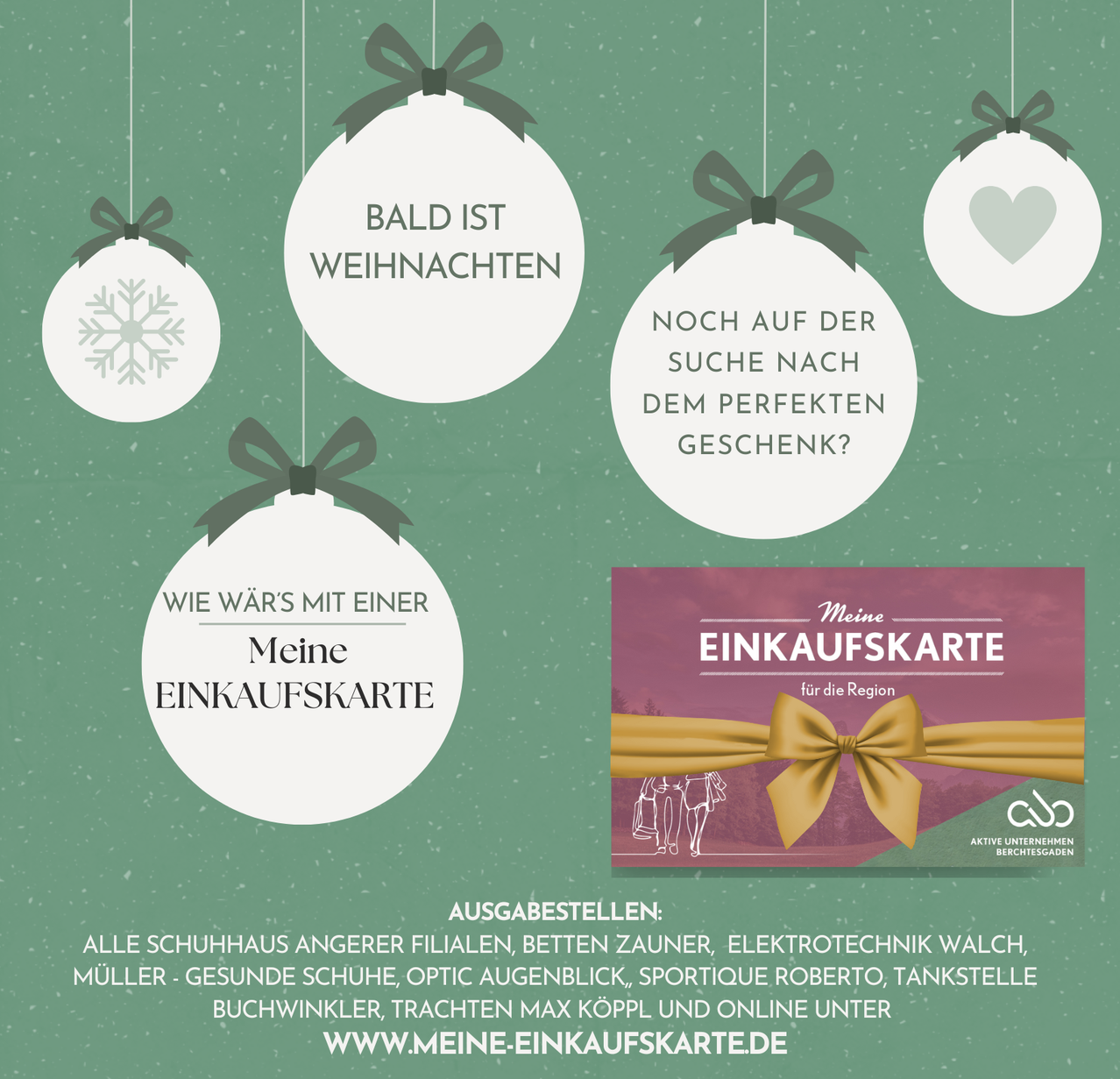 An advertisement for a shopping card hangs on a green background with snowflake ornaments. The card offers discounts at various retailers including shoe stores, electronics, and eyewear. The slogan reads, 'Soon is Christmas. Still searching for the perfect gift?' Visit www.meine-einkaufskarte.de.