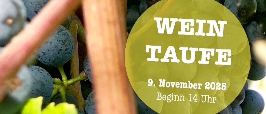 Eine Nahaufnahme von Trauben mit einem grünen Kreisüberlagerung, der 'Wein Taufe' und '9. November 2025' steht. Es steht auch 'Beginn 14 Uhr'.