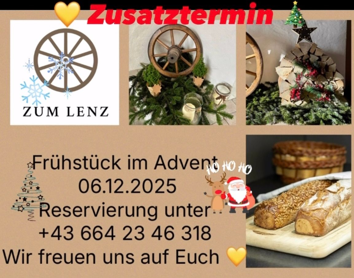 Ein Bild eines weihnachtlich gestalteten Posters mit einem Wagenrad, Tannenzweigen und Brot. Es steht 'Zusatztermin' und 'Fruhstuck im Advent 06.12.2025.' Eine Kontaktnummer ist ebenfalls angegeben.