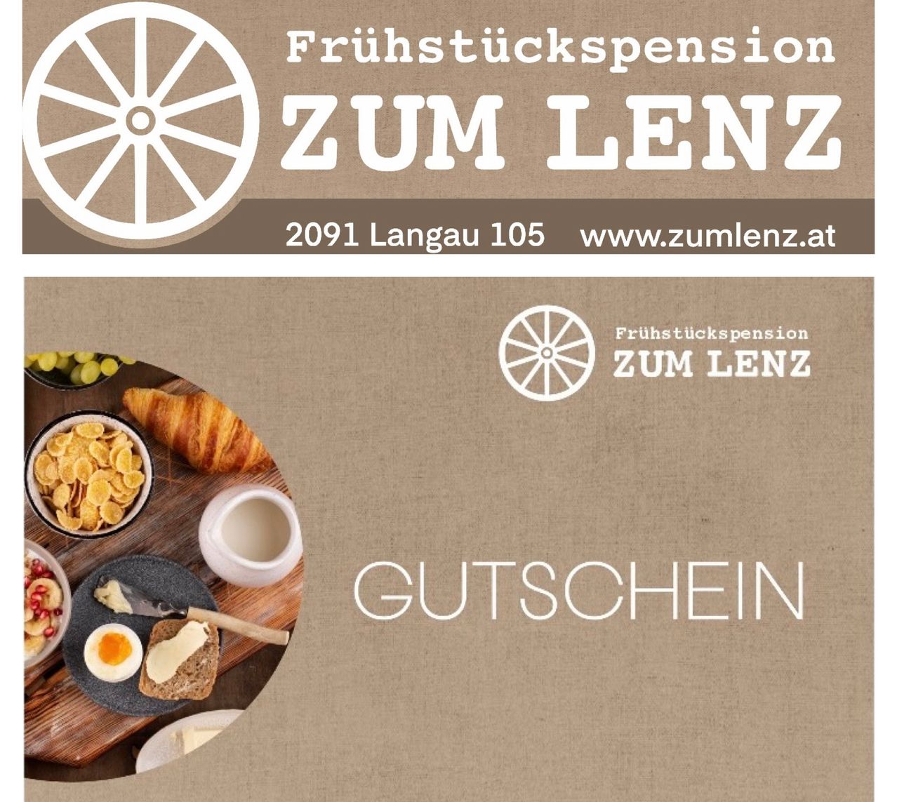 Ein Plakat für ein Frühstückspension namens Zum Lenz. Es zeigt ein Radsymbol und ein Bild von Frühstücksartikeln. Der Text Zum Lenz ist prominent angezeigt.