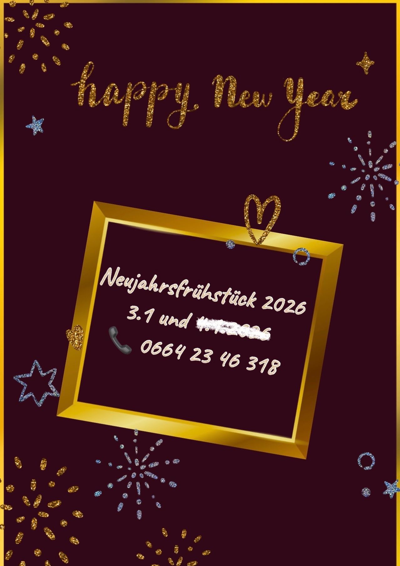 Eine Neujahrsfrühstücksankündigung für 2026 vom 3. Januar enthält die Telefonnummer 0664 23 46 318. Das Design hat einen dunkelroten Hintergrund mit goldenen und silbernen Verzierungen.