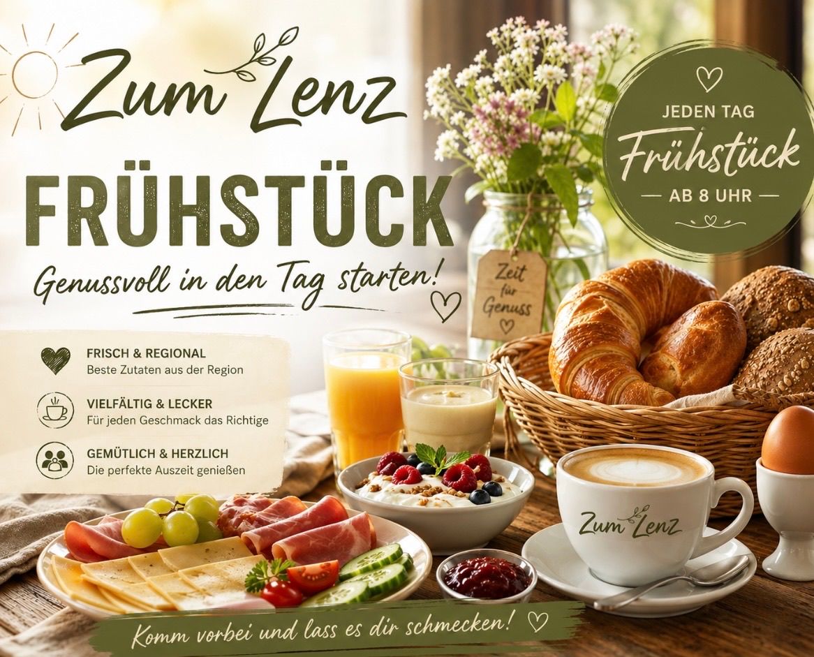 Eine Frühstücksanzeige mit einer Auswahl an frischen, regionalen Speisen, darunter Croissants, Früchte und Kaffee, vor einer sonnigen Kulisse.