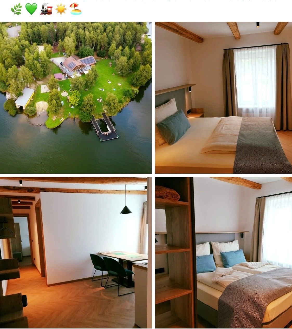 Vier Bilder zeigen ein Resort am See mit einem Haus und Pool, ein Schlafzimmer mit Bett, einen Essbereich mit Tisch und Stühlen und ein Schlafzimmer mit Bett und Regal.