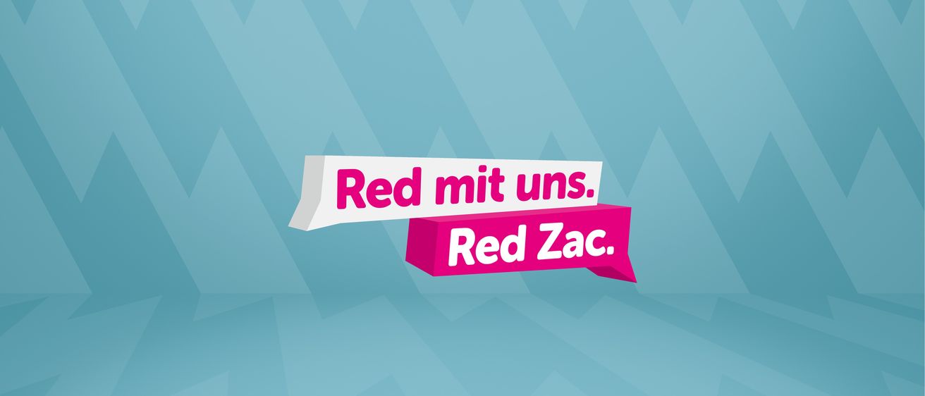 Ein blauer Hintergrund mit geometrischem Muster. Der Text 'Red mit uns.' und 'Red Zac.' sind in Pink und Weiß geschrieben. Die Wörter 'Red Zac.' sind in größerer Schrift und schräg.