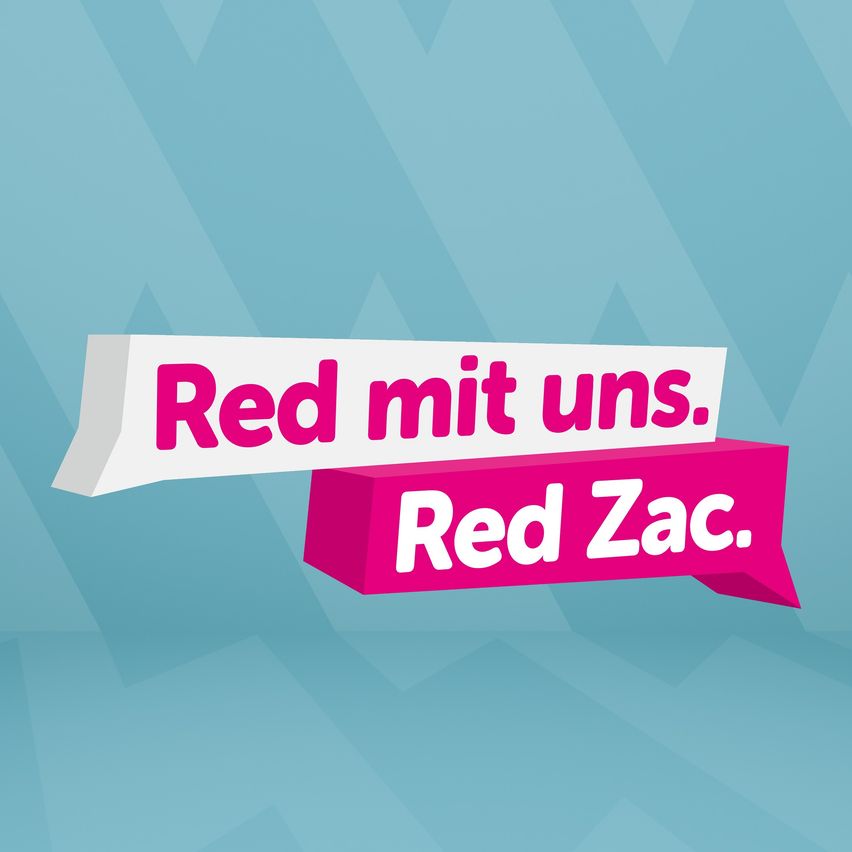 Ein blauer Hintergrund mit geometrischem Muster. Der Text 'Red mit uns.' und 'Red Zac.' sind in Pink und Weiß geschrieben. Die Wörter 'Red Zac.' sind in größerer Schrift und schräg.